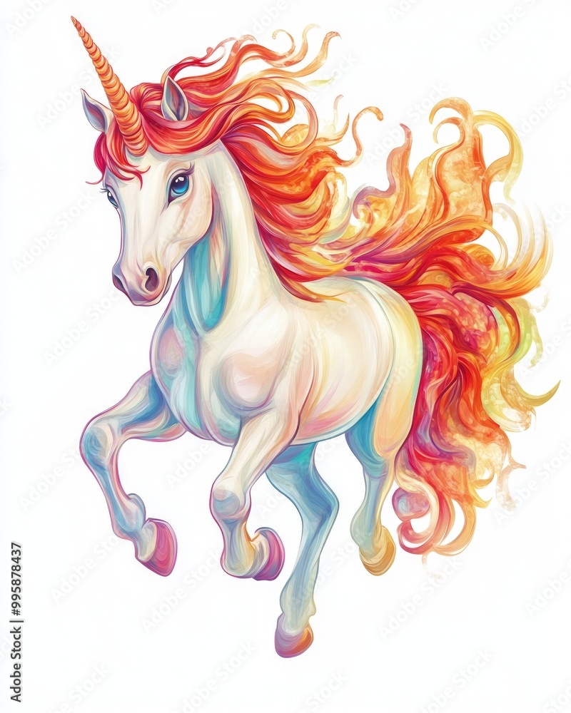 Adorable unicorn with a flowing red mane and tail galloping against a white background in vibrant pastel hues evoking a whimsical fairytale atmosphere Adorable unicorn with a flowing red mane and tail galloping against a white background in vibrant pastel hues evoking a whimsical fairytale atmosphere