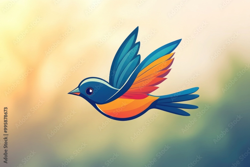 Obraz premium Colorful 2D cartoon logo design featuring a whimsical flying bird
