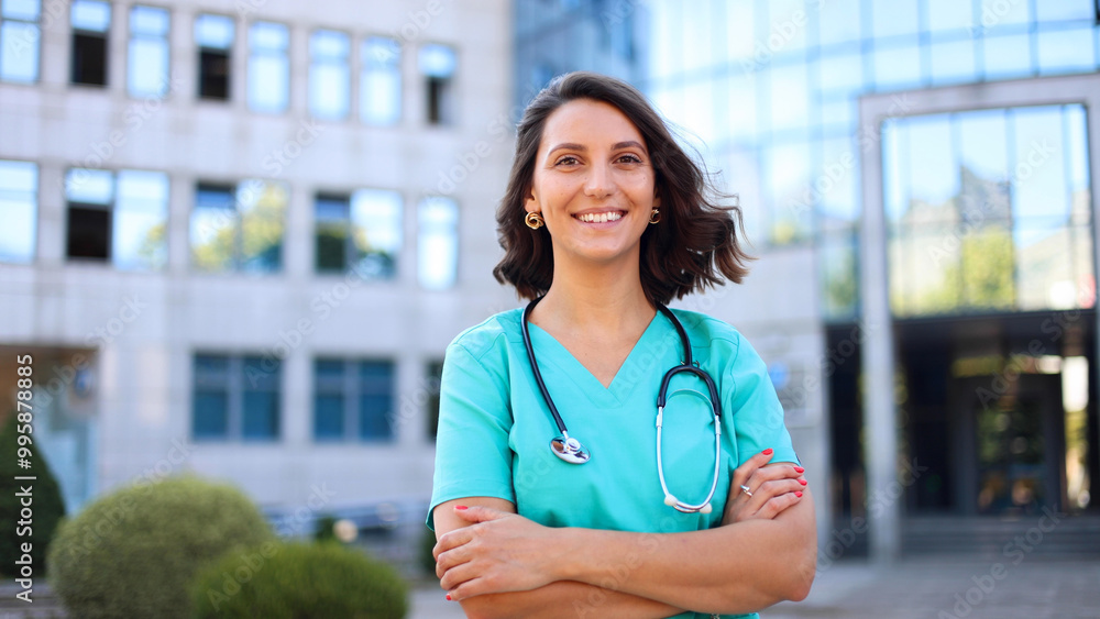 Beautiful, young doctor on a break outside Beautiful, young doctor on a break outside