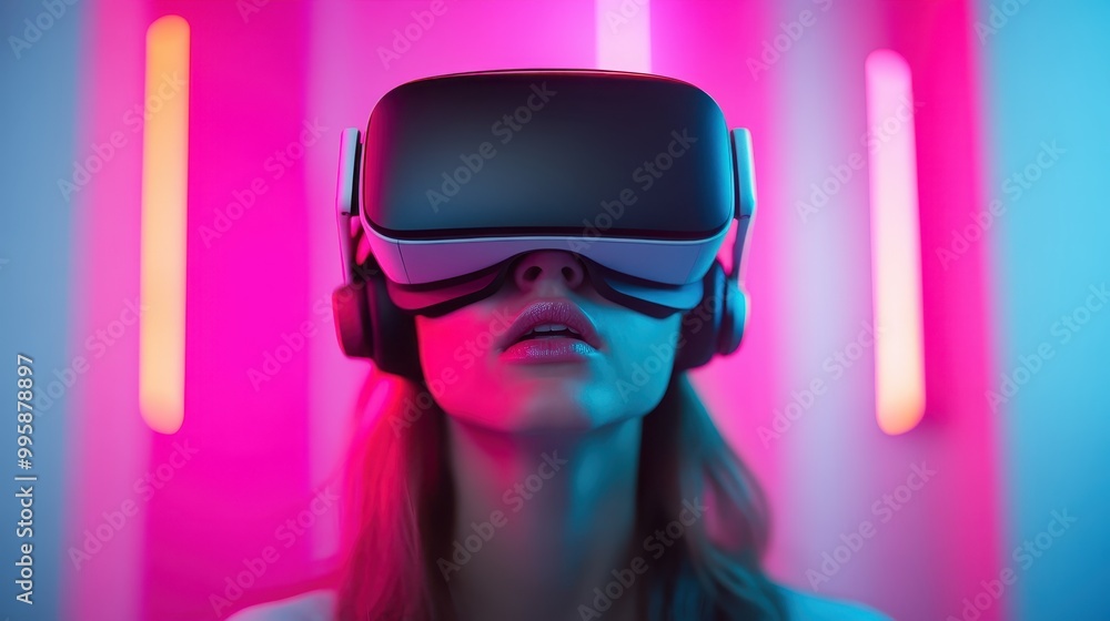 A person wearing a virtual reality headset with neon pink and blue lights in the background, exemplifying a futuristic and immersive technological experience. A person wearing a virtual reality headset with neon pink and blue lights in the background, exemplifying a futuristic and immersive technological experience.