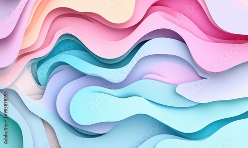 Elegant fantasy wallpaper featuring a paper cut effect with 3D imagery Abstract shapes overlap with wavy edges and strokes in soft pastel colors presented in a 2D cartoon style