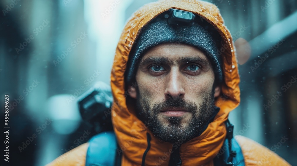 A rugged adventurer dressed warmly in orange against a snowy city backdrop, embodying resilience, exploration, and determination in harsh conditions. A rugged adventurer dressed warmly in orange against a snowy city backdrop, embodying resilience, exploration, and determination in harsh conditions.