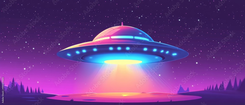 A colorful 2D cartoon illustration of a round dome shaped alien spacecraft commonly referred to as a UFO A colorful 2D cartoon illustration of a round dome shaped alien spacecraft commonly referred to as a UFO