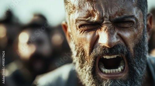 A close-up shot capturing an individual amidst a bustling crowd during an outdoor event, emphasizing the lively and dynamic human interactions and atmosphere.