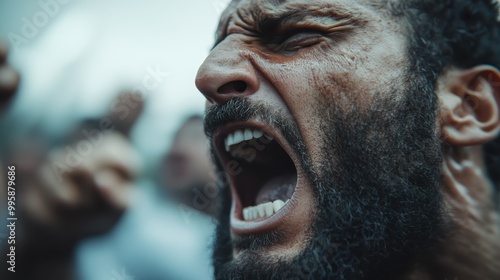 A blurry image with a crowd, and a hand pointing out, depicting a serious involvement, possibly in an emotional or intense situation involving the public.