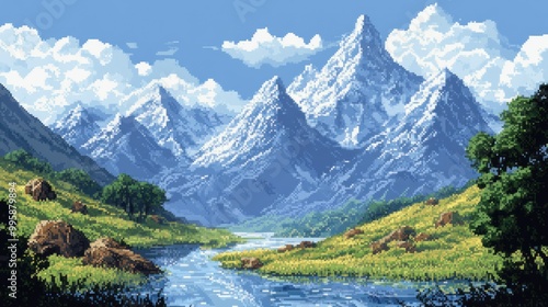 A Pixelated River Winding Through A Mountain Valley