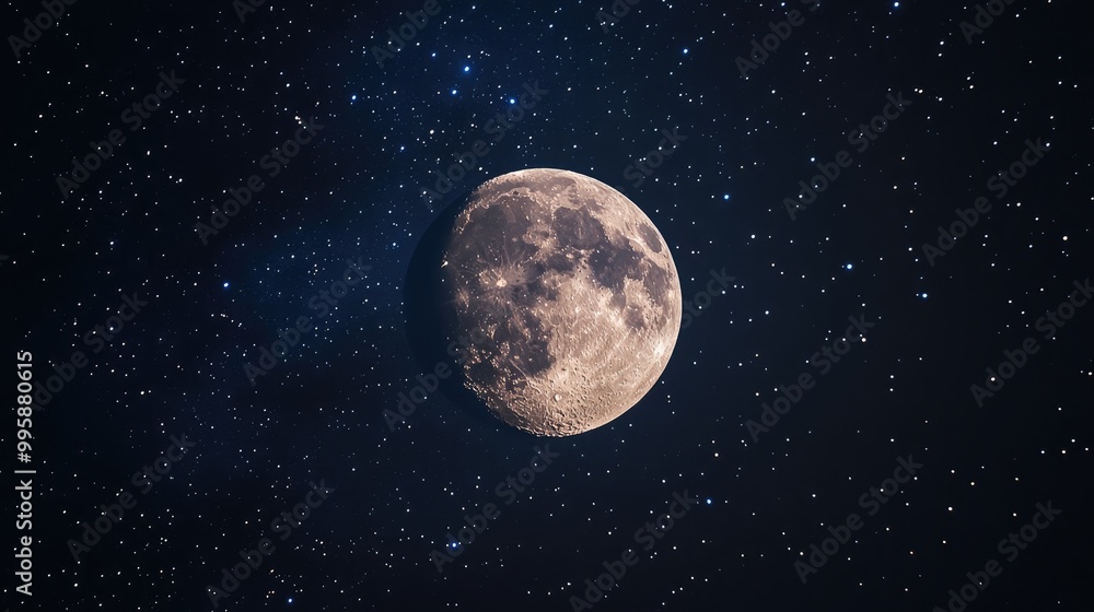 Moon surrounded by twinkling stars in a night sky Moon surrounded by twinkling stars in a night sky