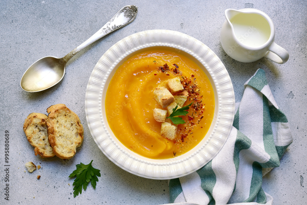 Delicious pumpkin soup with croutons. Top view with copy space. Delicious pumpkin soup with croutons. Top view with copy space.