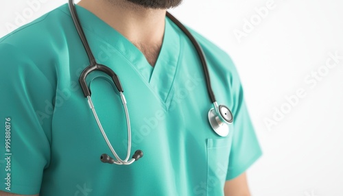 A healthcare professional in scrubs and a stethoscope, close-up, 3D render, natural lighting, isolated on white background