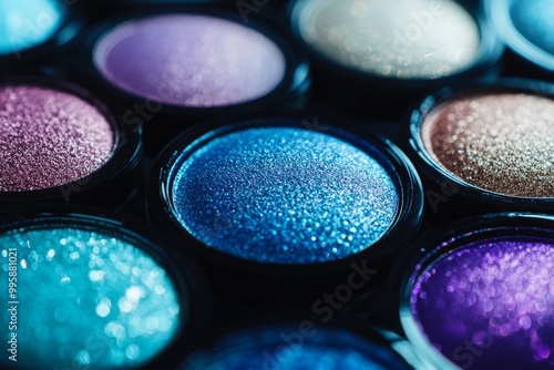 Close up of shimmering purple and blue eyeshadow pans perfect for bold creative makeup looks with rich sparkling pigments