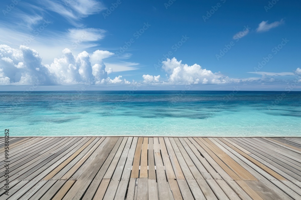 Fototapeta premium Wood pier bridge in to seascape walk blue sky
