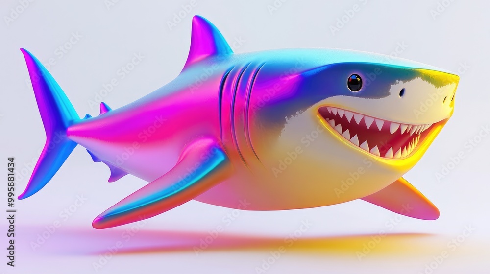 Colorful 3D shark with a smiling expression against a plain background featuring a vibrant rainbow effect Colorful 3D shark with a smiling expression against a plain background featuring a vibrant rainbow effect