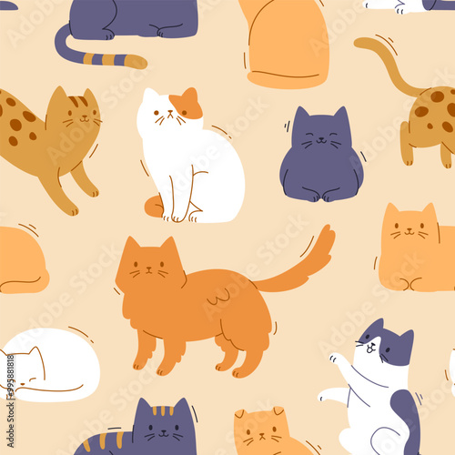 Cute flat cat pattern. Seamless vector print with different cartoon cats. Stylized kittens pattern.
