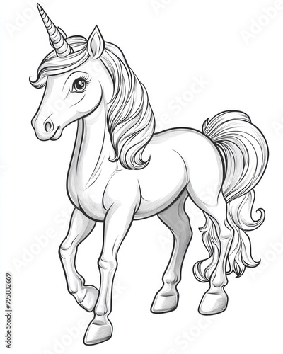 Charming cartoon unicorn isolated on a white background designed for coloring book illustrations