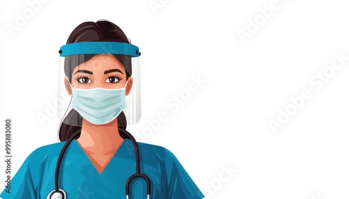 A nurse smiling, wearing a face shield, close-up, cartoon style, bold colors, isolated on white background