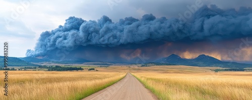 An idyllic countryside disrupted by sudden storm clouds and wildfires, highlighting the increased environmental risks and sustainability challenges of climate change photo