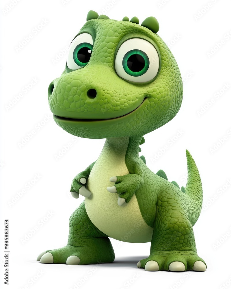Fototapeta premium Adorable green dinosaur character with a curious expression in a cartoon style