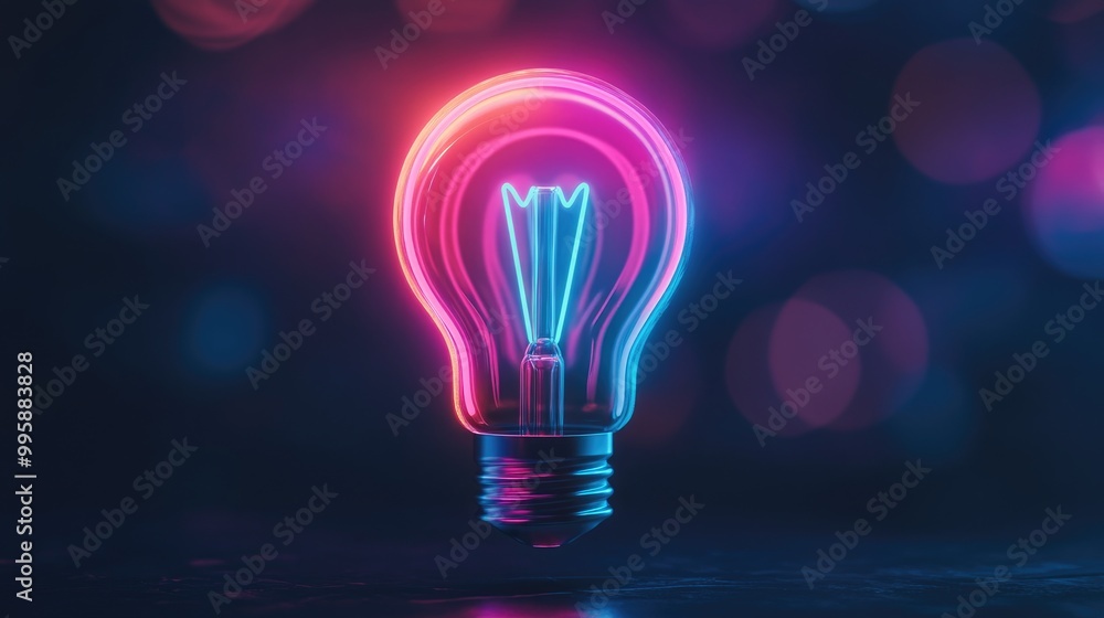 Colorful neon light bulb icon illuminated against a dark backdrop Colorful neon light bulb icon illuminated against a dark backdrop