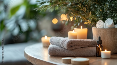 A peaceful spa setup with candles, essential oils, and towels, representing relaxation