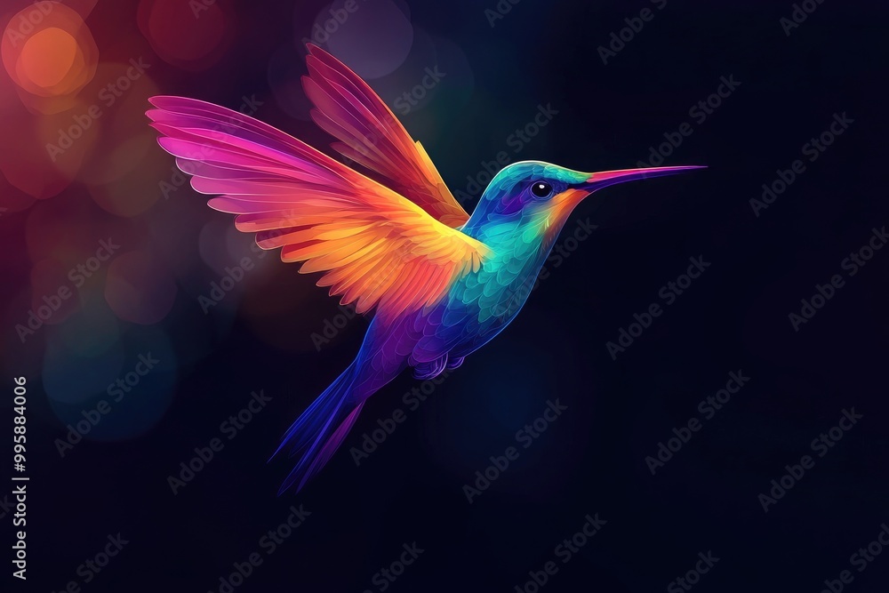 Vivid hummingbird against a dark backdrop in a 2D cartoon style illustration Vivid hummingbird against a dark backdrop in a 2D cartoon style illustration