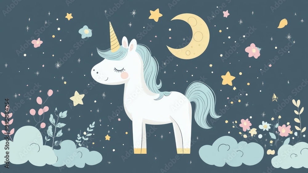 Cute unicorn surrounded by stars clouds and a moon perfect for a magic themed poster or greeting card illustration with outlines Cute unicorn surrounded by stars clouds and a moon perfect for a magic themed poster or greeting card illustration with outlines