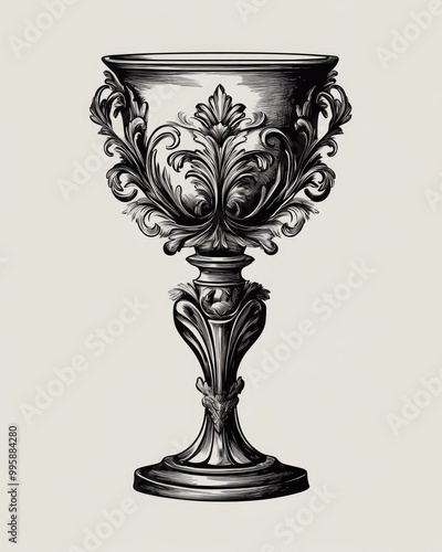 Gothic style decorative goblet concept art Design element featuring a black and white drawing on a grey background EPS10 2D cartoon illustration photo