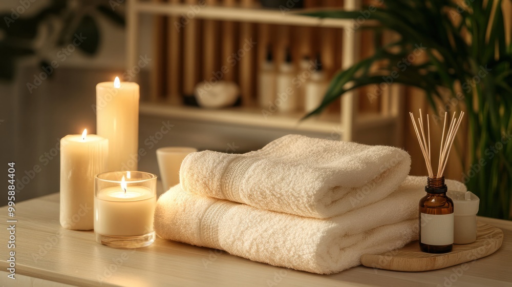 A serene spa setting with soft towels, candles, and essential oils, promoting relaxation A serene spa setting with soft towels, candles, and essential oils, promoting relaxation