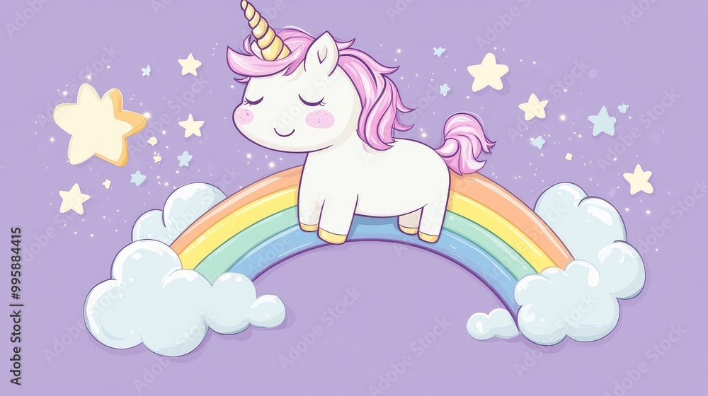 Charming 2D cartoon of a sweet unicorn and rainbow featuring an adorable kawaii fairytale creature on a purple rainbow with a cloud perfect for children s prints and greeting cards Charming 2D cartoon of a sweet unicorn and rainbow featuring an adorable kawaii fairytale creature on a purple rainbow with a cloud perfect for children s prints and greeting cards