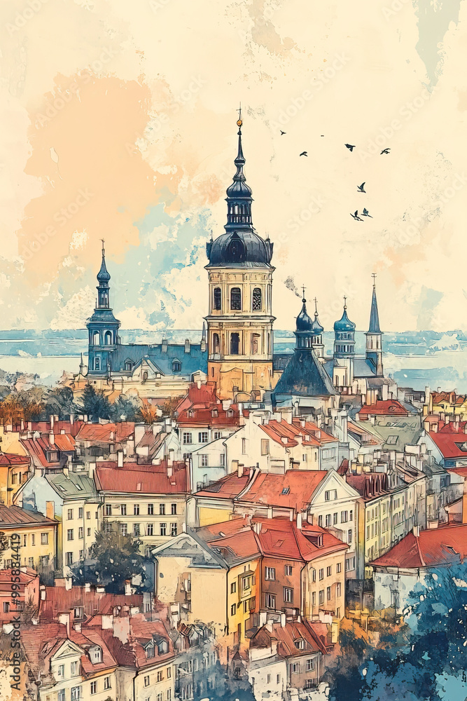 Fototapeta premium Tallinn, Estonia, color pen pencil hand-drawn effect drawing illustration for travel poster, card, wallpaper, backdrop or banner. Modern, clear, artistic and simple