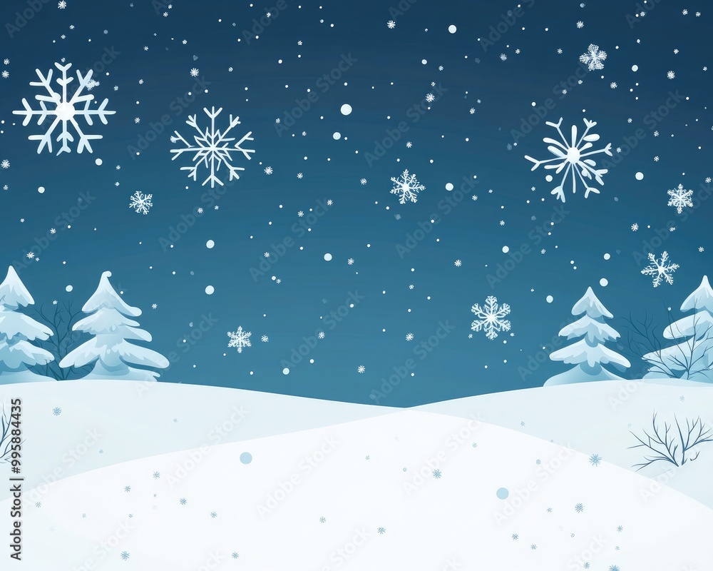 Festive winter scene with falling snow and whimsical flying snowflakes featuring a silver snowflake overlay template in a 2D cartoon style Festive winter scene with falling snow and whimsical flying snowflakes featuring a silver snowflake overlay template in a 2D cartoon style