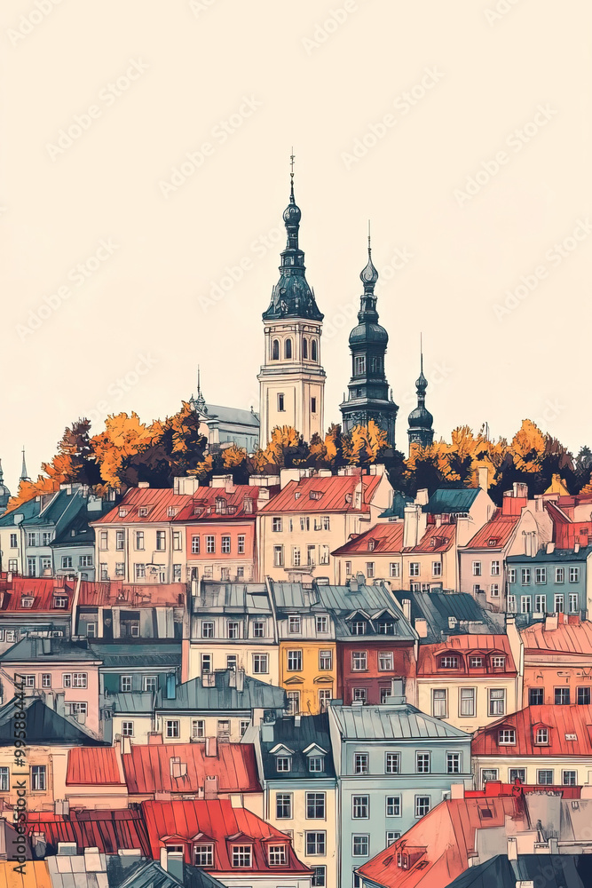 Fototapeta premium Tallinn, Estonia, color pen pencil hand-drawn effect drawing illustration for travel poster, card, wallpaper, backdrop or banner. Modern, clear, artistic and simple