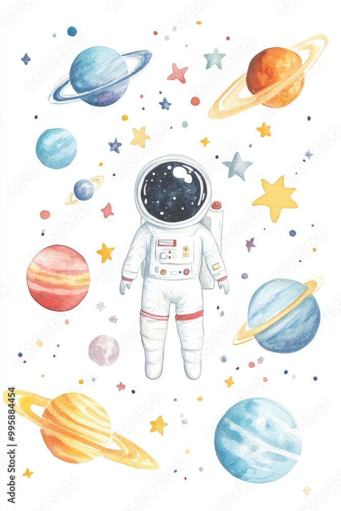 Whimsical astronaut girl in a white spacesuit surrounded by colorful planets stars comets and a UFO Watercolor hand drawn illustration for children s artwork Isolated on white background Whimsical astronaut girl in a white spacesuit surrounded by colorful planets stars comets and a UFO Watercolor hand drawn illustration for children s artwork Isolated on white background