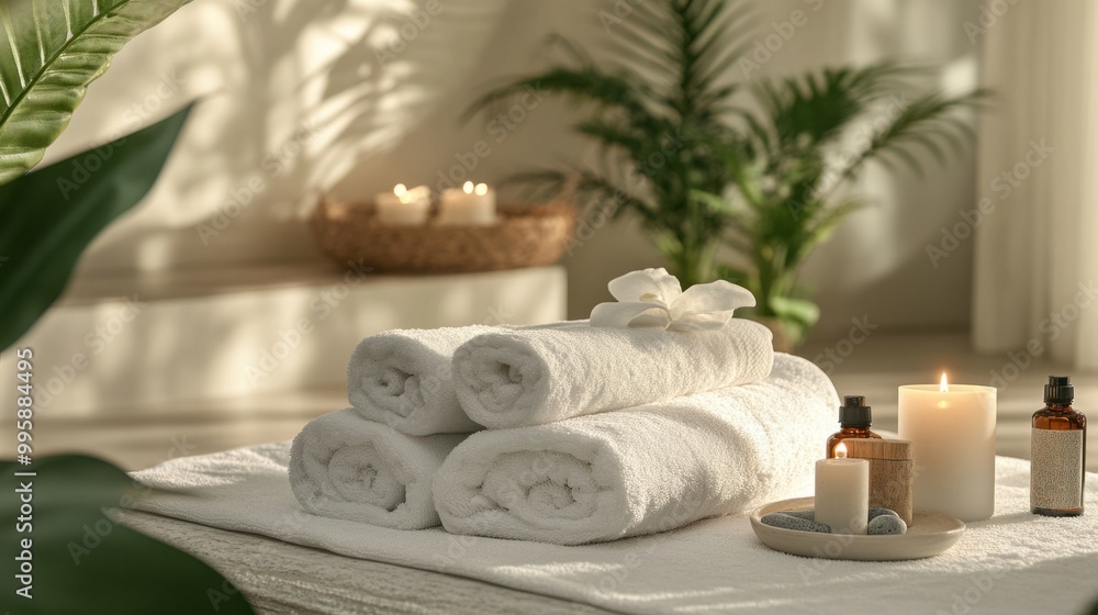 A serene spa setting with soft towels, candles, and essential oils, promoting relaxation A serene spa setting with soft towels, candles, and essential oils, promoting relaxation