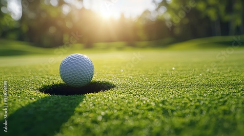 A pristine golf ball resting near the hole, capturing the essence of early morning light on a beautifully manicured green landscape. photo