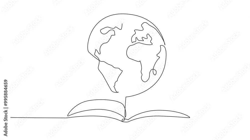 Self drawing animation of single one line drawing globe on open book. Telling useful knowledge. Increasing literacy and insight. Getting add information. World Storytelling Day. Full length animated Self drawing animation of single one line drawing globe on open book. Telling useful knowledge. Increasing literacy and insight. Getting add information. World Storytelling Day. Full length animated