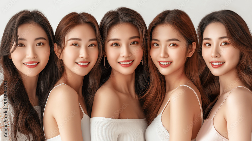 Obraz premium Group of young Asian women smiling together with natural beauty in soft lighting
