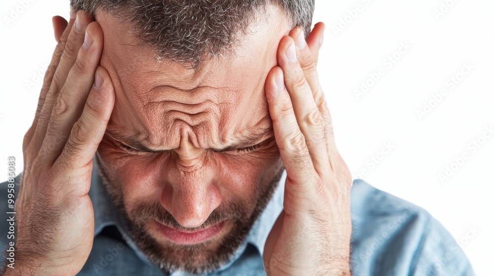 A close-up of a man clutching his head, migraine pain, photorealistic style, isolated on white background A close-up of a man clutching his head, migraine pain, photorealistic style, isolated on white background