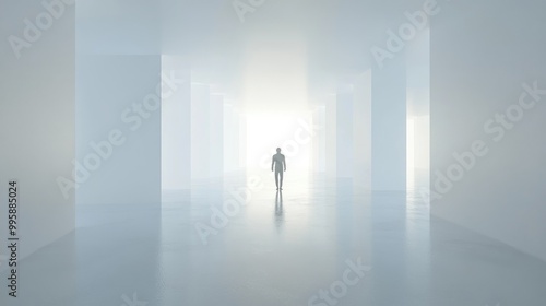 Surreal depiction of an individual in an expansive white space