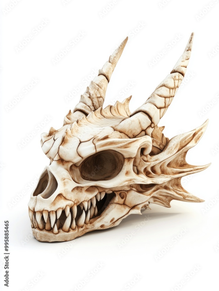 Naklejka premium Fantasy 3D illustration of a dragon skull isolated on a white background
