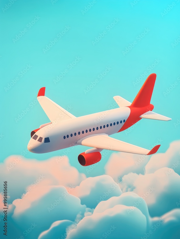 Obraz premium Fantasy 3D imagination concept depicting the dream of flight A realistic toy airplane set against a vibrant summer sky symbolizing freedom and motivation in a minimal cartoon style 2D illustration