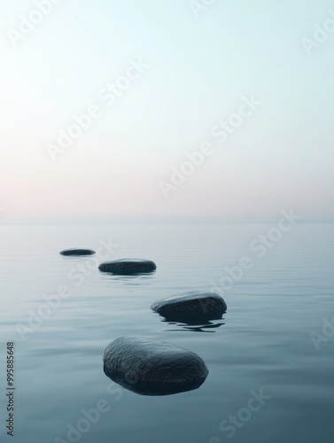 Fantasy 3D render featuring an abstract seascape with a minimalist zen design Panoramic view of serene waters dark stones and a soft blue gradient sky