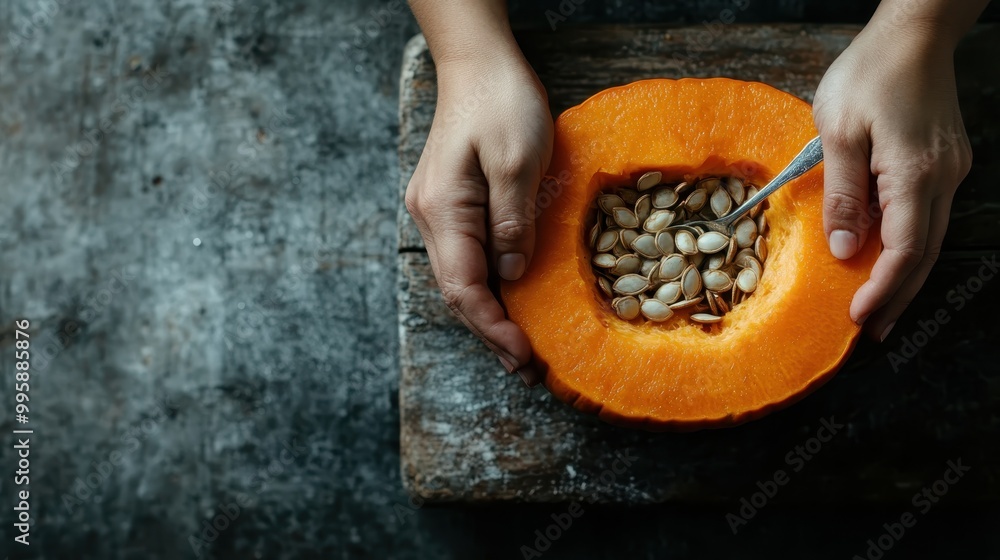 A person holding a spoon and scooping seeds from a halved pumpkin, demonstrating the process of preparing fresh pumpkin seeds for culinary use in an organic and wholesome manner. A person holding a spoon and scooping seeds from a halved pumpkin, demonstrating the process of preparing fresh pumpkin seeds for culinary use in an organic and wholesome manner.