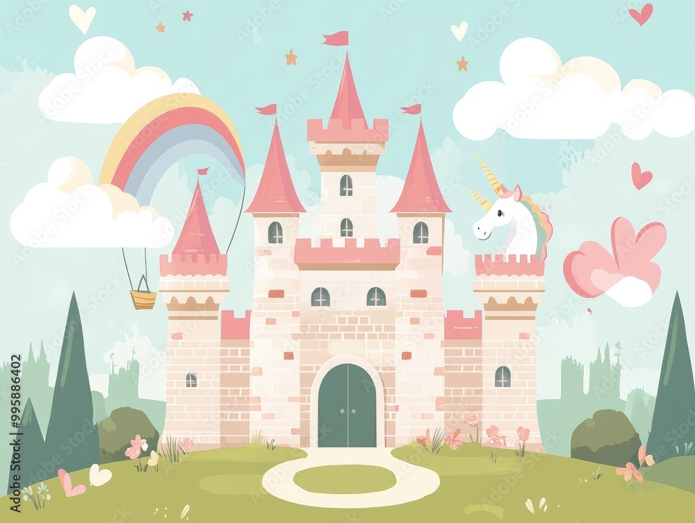Fototapeta premium Fantasy castle illustration in 2D cartoon style featuring brick towers a balloon a rainbow and a unicorn A creative depiction of imaginative themes in a modern flat design