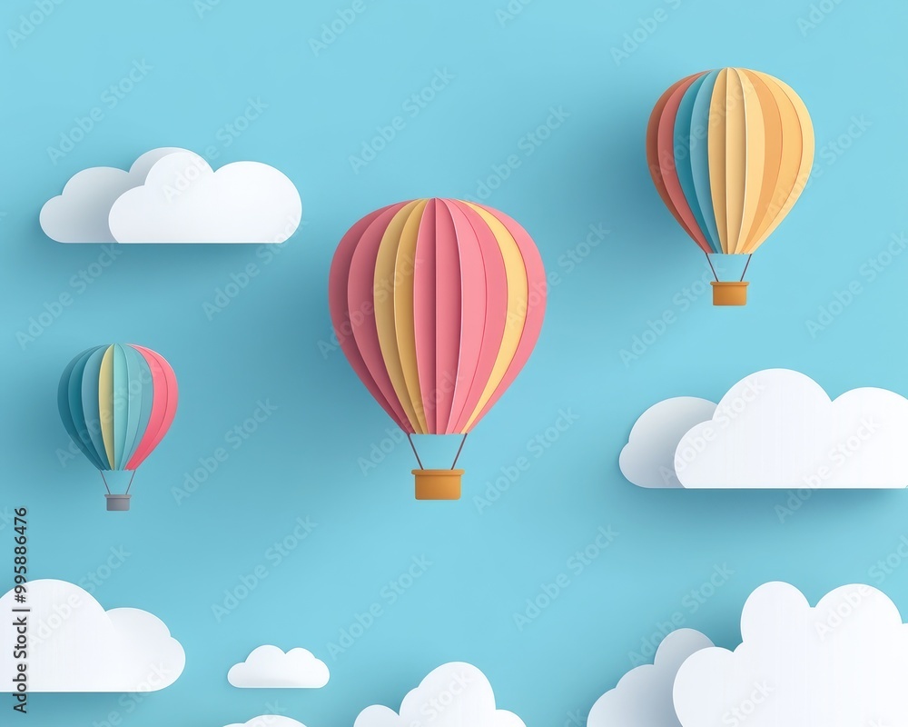 Fototapeta premium Vibrant hot air balloons soaring through a clear blue sky illustrated in a paper craft style