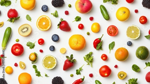 Fresh fruits and vegetables arranged in a vibrant, colorful pattern on a clean white background