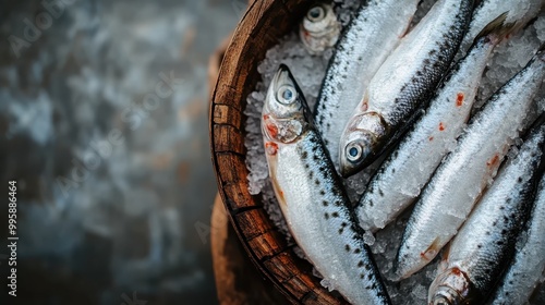 Image displays fresh fish arranged in a wooden barrel filled with ice, garnished with herbs, and presenting an image of culinary freshness and artisanal quality. photo