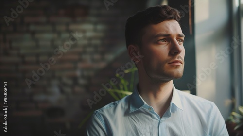 Thoughtful Young Man Looking Out of a Window in Contemplation - Pensive Moment in Low-Light Urban Setting