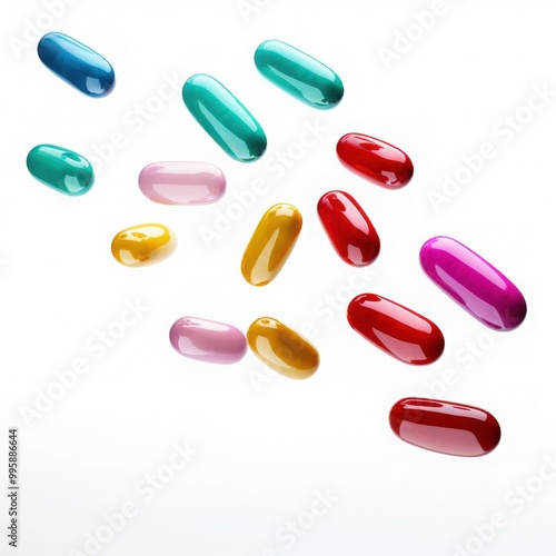 Colorful falling capsules are perfect for pharmaceutical, healthcare, or medical designs. Bright, vibrant colors against a clean white background. Generative AI