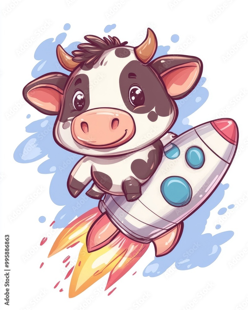 Adorable cow soaring on a rocket Fun animal cartoon design suitable for t shirts greeting cards invitations or as a mascot Adorable cow soaring on a rocket Fun animal cartoon design suitable for t shirts greeting cards invitations or as a mascot
