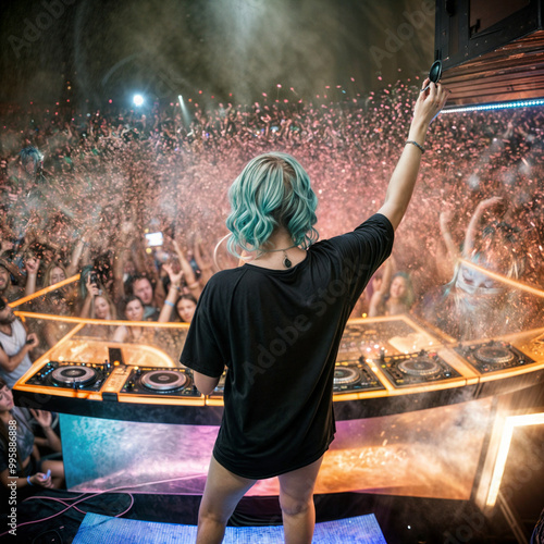 DJ with turquoise hair performing live at a packed nightclub with an energetic crowd